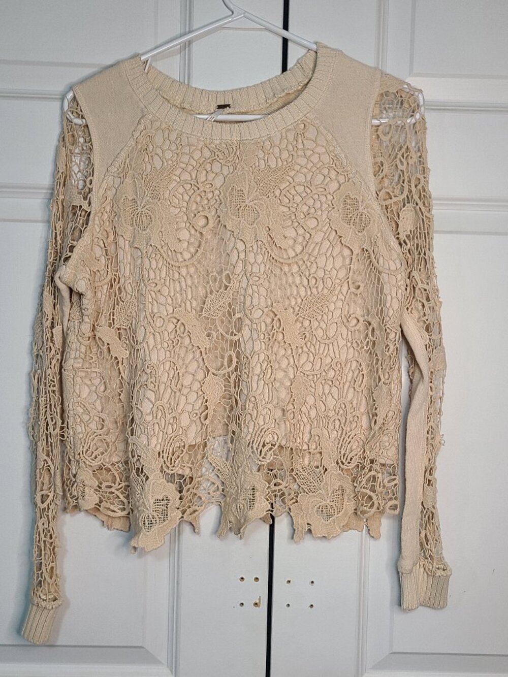 Free People Pretty Rad Crochet Lace Split Open Back Pullover Sweater Cream XS